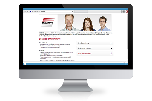 Ansicht des Warema Stellenanzeigen-Generators, entwickelt mit dem CMS PANSITE von Panvision